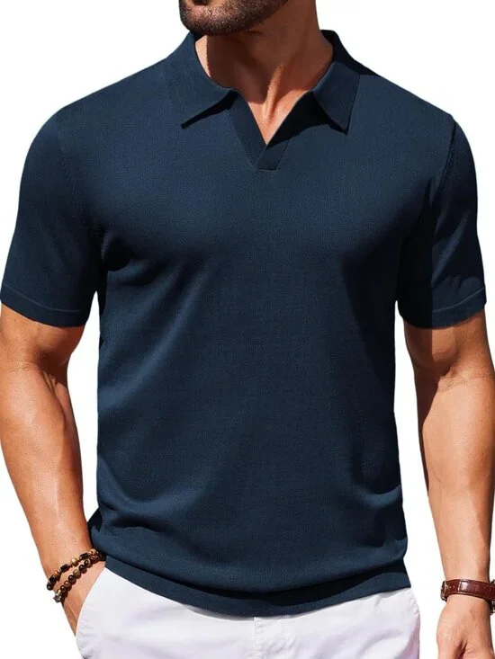 Women's Navy Blue V-Neck Short Sleeve Stretch Knit Polo Shirt Top - Picture 1 of 5